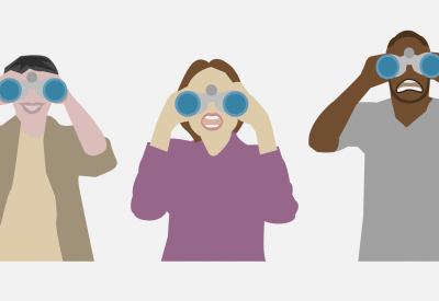 Three people looking through a pair of binoculars