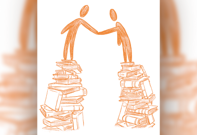 Two stickmen stand on two stacks of books and shake hands.