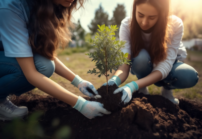 Two young women planting a young tree in soil - Topic nature conservation, sustainability and raw materials, climate change - Generative AI Illustration