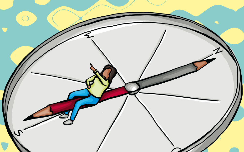 Woman sitting on the needle of a compass