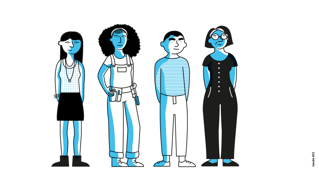 stylised drawing in blue color of 3 young women and 1 boy