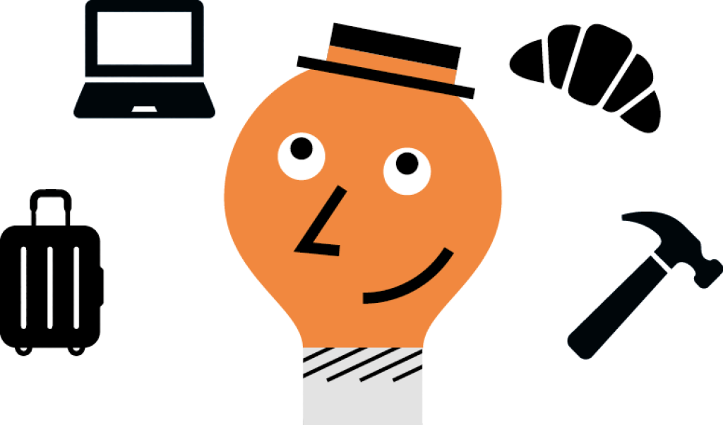 Eine orange Glühbirne die von einem Koffer, einem Laptop, einem Croissant und einem Hammer umkreist wird.