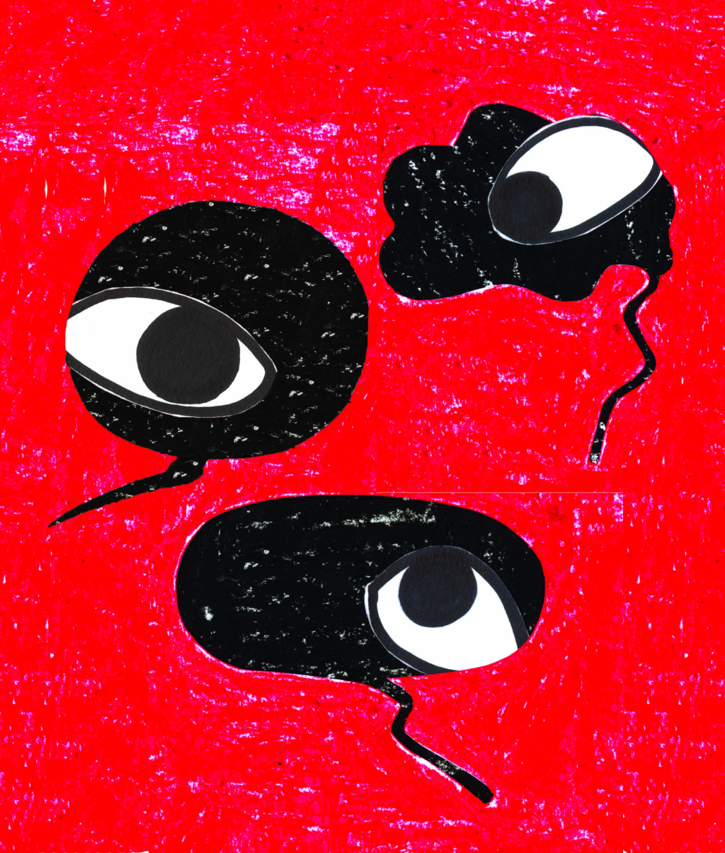 An illustration by Tania Perez depicting three eyes in speech bubbles.