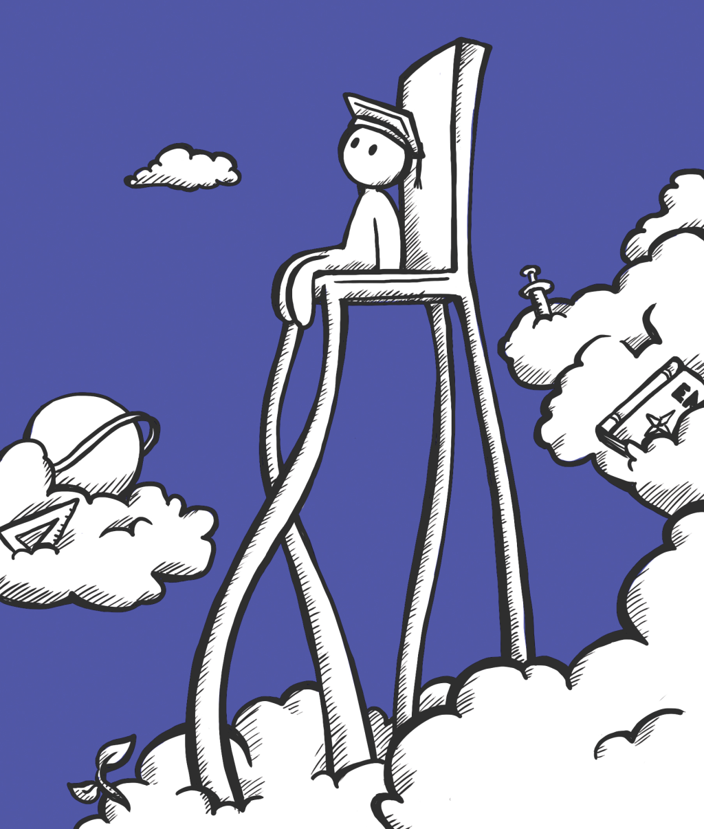 a person on a running chair in the clouds